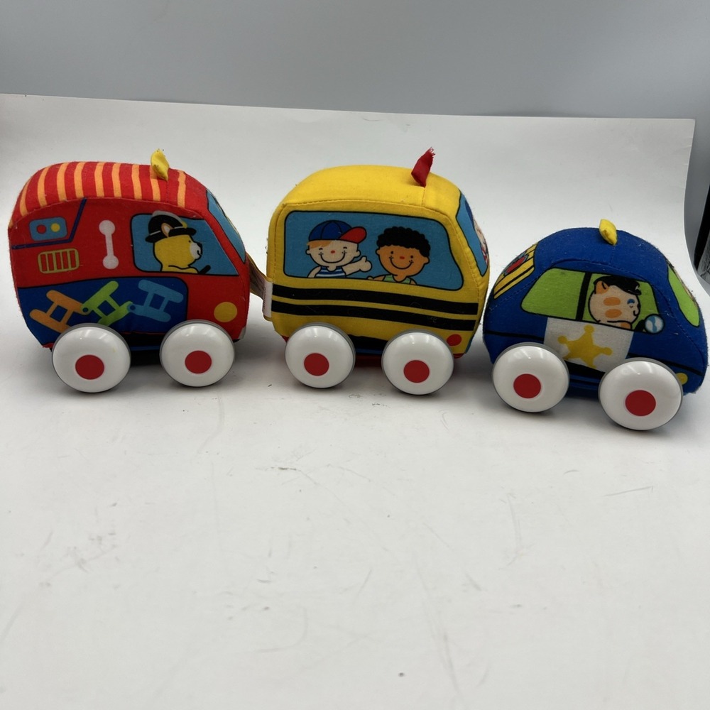 Melissa & Doug K's Pull Back Vehicle Soft Baby Toy Lot Of‎ 3 Car Bus Firetruck